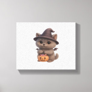 Kitten i Halloween Witch Costume med Pu Canvastryck