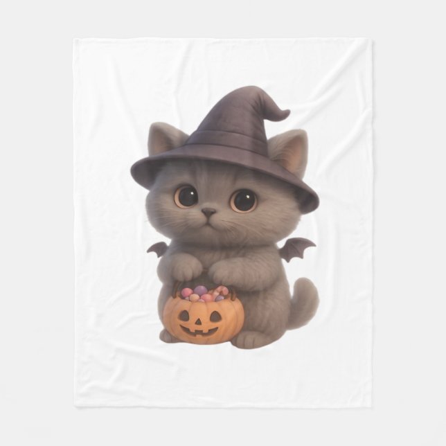 Kitten i Halloween Witch Costume med Pu Fleecefilt (Framsidan)