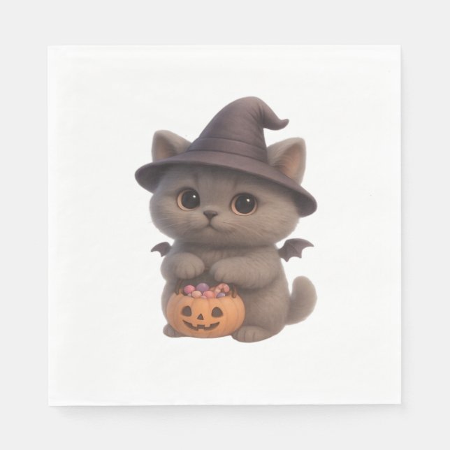 Kitten i Halloween Witch Costume med Pu Pappersservett (Framsidan)