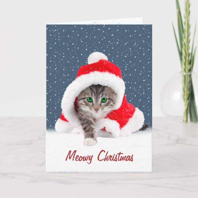 Kitten i jultomten Hat och Snöflingor Card Kort (Framsida)