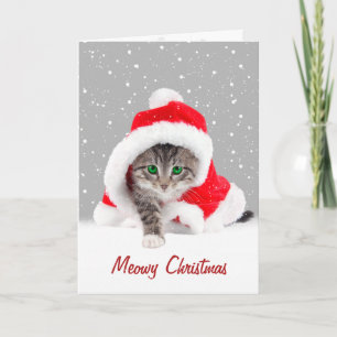 Kitten i jultomten Hat och Snöflingor Kort