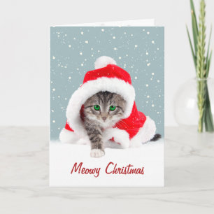 Kitten i jultomten Hat och Snöflingor Kort