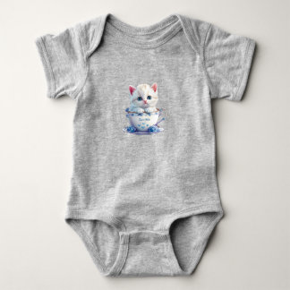 Kitten i Kopp Blåa blommor Baby Bodykosti T Shirt