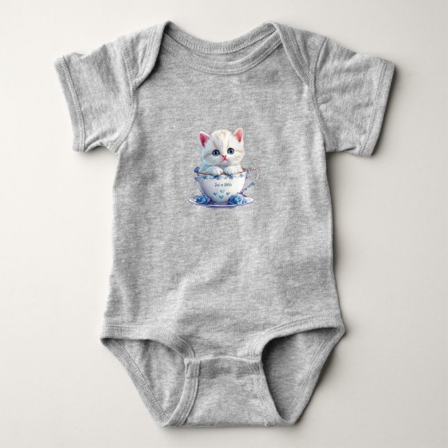 Kitten i Kopp Blåa blommor Baby Bodykosti T Shirt (Framsida)