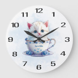 Kitten i Kopp Blåa blommor Wall Clock Stor Klocka