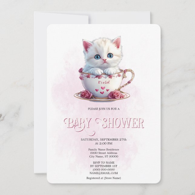 Kitten i Kopp Rosa Flowers Baby Shower-inbjudan Inbjudningar (Framsida)