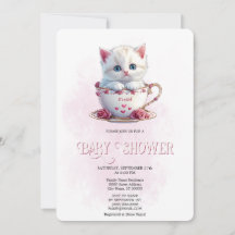 Kitten i Kopp Rosa Flowers Baby Shower-inbjudan