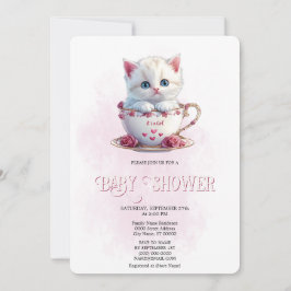 Kitten i Kopp Rosa Flowers Baby Shower-inbjudan Inbjudningar