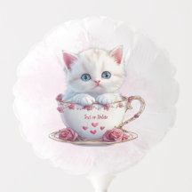 Kitten i Kopp Rosa Flowers Balloon
