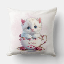 Kitten i Kopp Rosa Flowers Dekorativ kudde