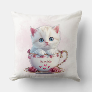Kitten i Kopp Rosa Flowers Dekorativ kudde