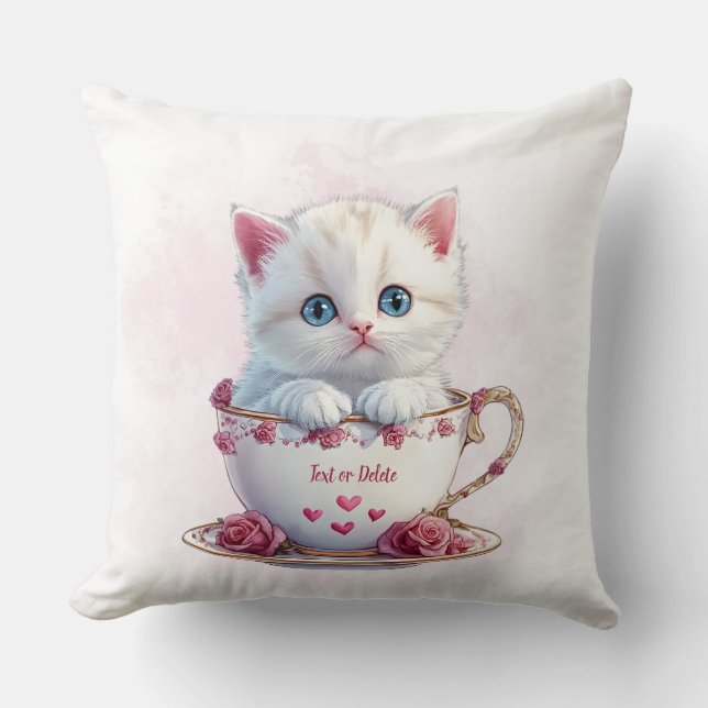Kitten i Kopp Rosa Flowers Dekorativ kudde (Framsida)