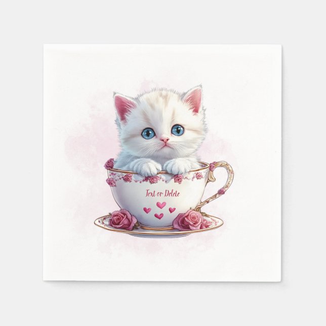 Kitten i Kopp Rosa Flowers Napkins Pappersservett (Framsidan)