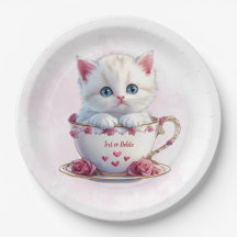 Kitten i Kopp Rosa Flowers Papper Plate