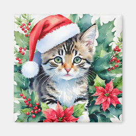 Kitten i Santa Hat-julets vattenfärgskonst Magnet