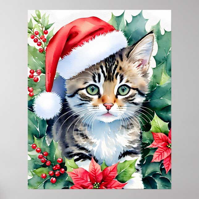 Kitten i Santa Hat-julets vattenfärgskonst Poster (Framsidan)