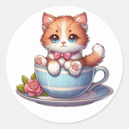 Kitten i Tea kopp Stickers Runt Klistermärke