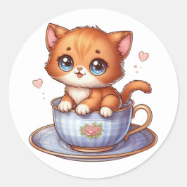 Kitten i Tea kopp Stickers Runt Klistermärke