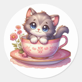 Kitten i Tea kopp Stickers Runt Klistermärke