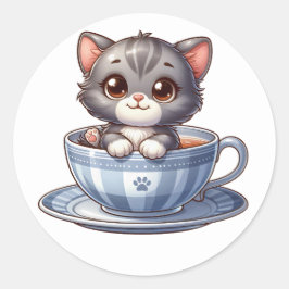 Kitten i Tea kopp Stickers Runt Klistermärke
