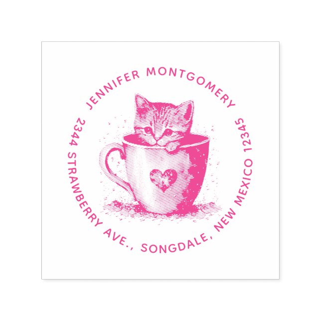 Kitten i Tekopp med Hearts Namn och Adress Självfärgande Stämpel (Design)