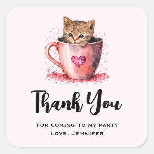 Kitten i Tekopp med Hearts Party Tack Fyrkantigt Klistermärke