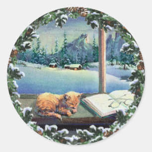 KITTEN i WINDOW & WREATH av SHARON SHARPE Runt Klistermärke