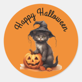 Kitten i Witch Hat Sticker Runt Klistermärke