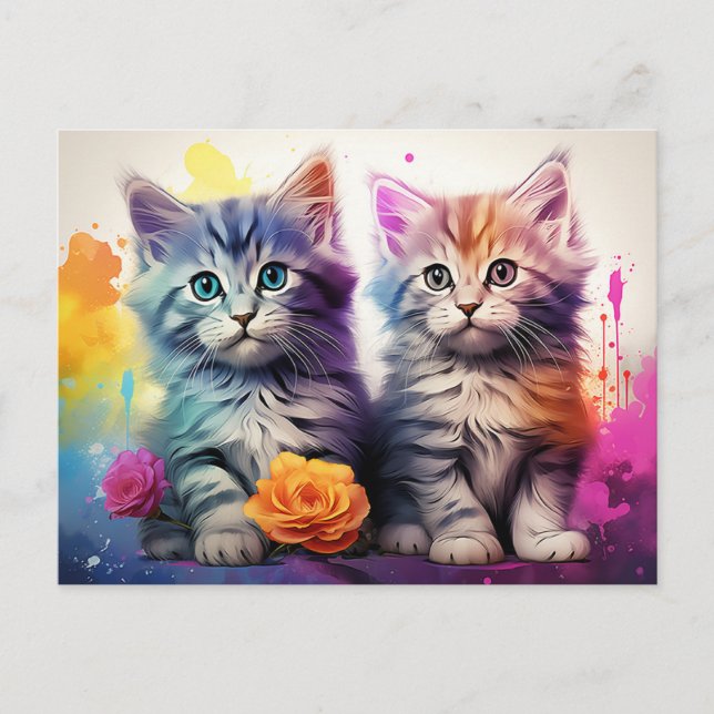 Kitten Illustration Vibrant Blommigt Vattenfärg Vykort (Framsida)