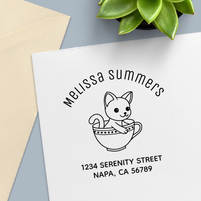 Kitten in a Cup Cat in a Teacup Arch Address Självfärgande Stämpel (Skapare uppladdad)