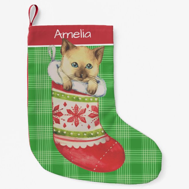 Kitten in Festive Stocking Art Personalised Liten Julstrumpa (Framsidan)