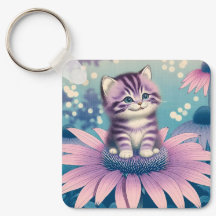 Kitten in purple flower keyring