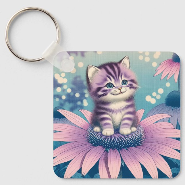 Kitten in purple flower keyring nyckelring (Framsida)