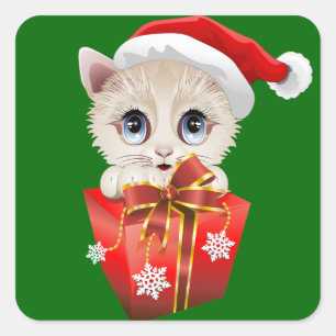 Kitten jultomten med Gift Fyrkantigt Klistermärke