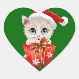 Kitten jultomten med Gift Hjärtformat Klistermärke