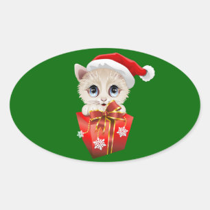 Kitten jultomten med Gift Ovalt Klistermärke