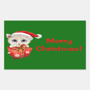 Kitten jultomten med Gift Rektangulärt Klistermärke