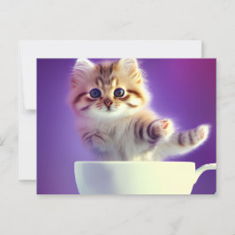 Kitten Jumping in a Tekopp - Cat Postcard Vykort