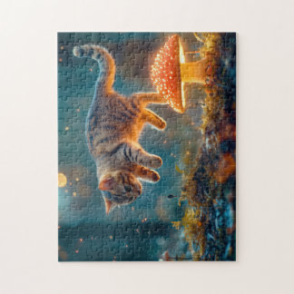 Kitten Jumping Over a Magic Mushroom Puzzle Pussel