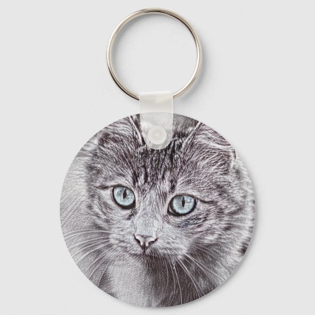 Kitten Kärlek Cute Kattunge med ljusblå Öga Nyckelring (Framsida)