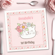 Kitten Kattunge Rosa Girl Girl 1:a Birthday Napkin