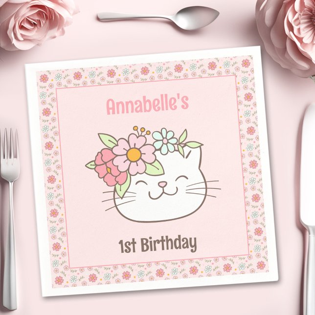 Kitten Kattunge Rosa Girl Girl 1:a Birthday Napkin Pappersservett (Kitten Kitty Cat Pink Girl 1st Birthday Napkins)