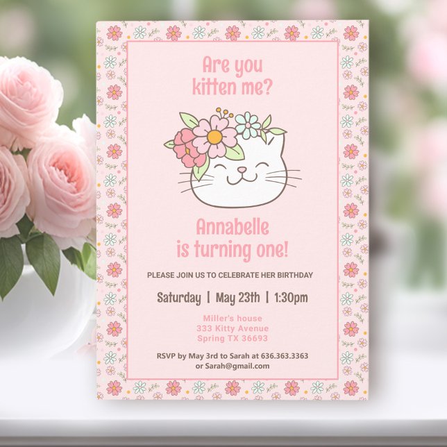 Kitten Kattunge Rosa Girl Girl 1:a födelsedagsinbj Inbjudningar (Kitten Kitty Cat Pink Girl 1st Birthday Invitation)