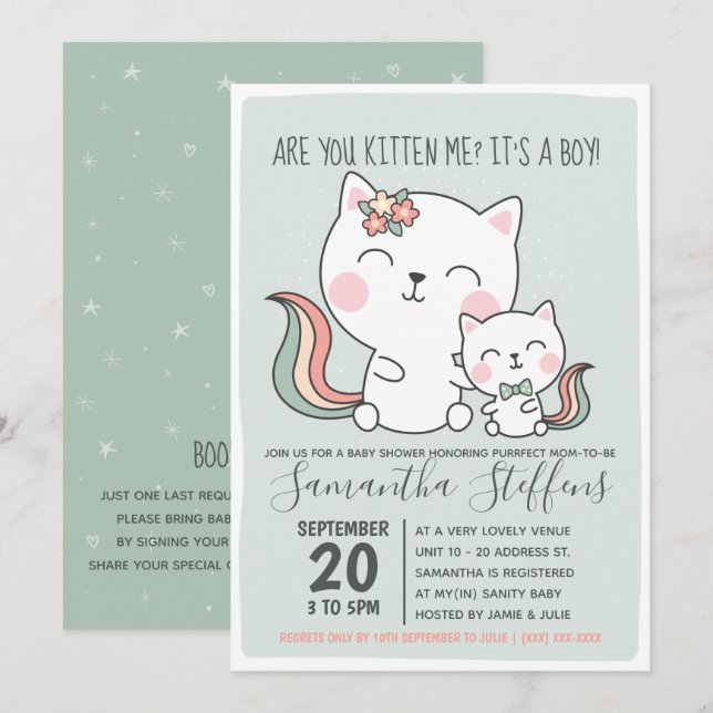 Kitten Kitten Cute Grönt Cat Boy Shower Inbjudningar (Fram/baksida)