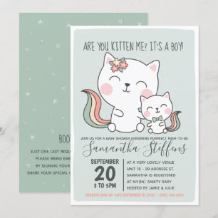 Kitten Kitten Cute Grönt Cat Boy Shower Inbjudningar