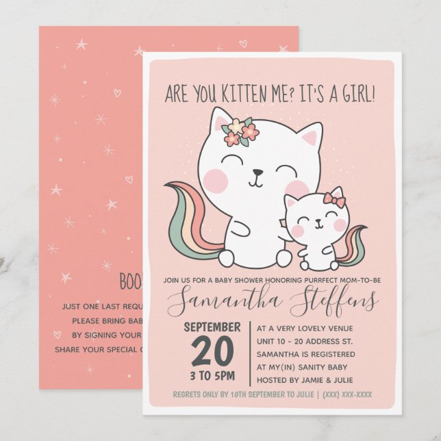 Kitten Kitten Cute Rosa Cat Girl Baby Shower Inbjudningar (Fram/baksida)