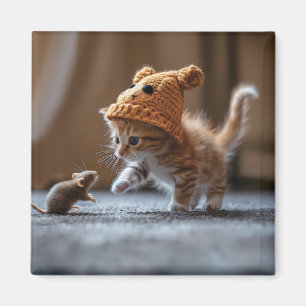 Kitten leker med en liten mus magnet