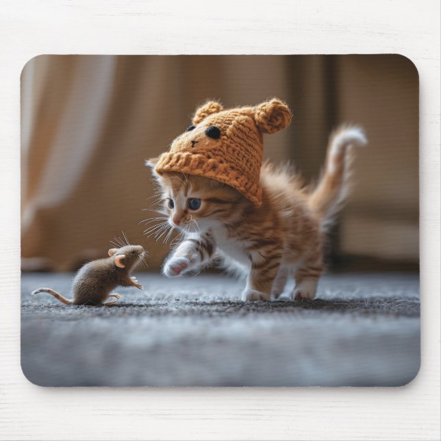 Kitten leker med en liten mus musmatta (Framsidan)
