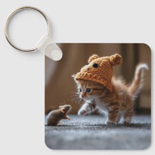 Kitten leker med en liten mus nyckelring