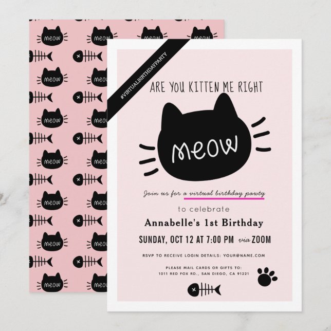 Kitten Me Höger Meow Rosa Virtuell BIrthday Inbjudningar (Fram/baksida)